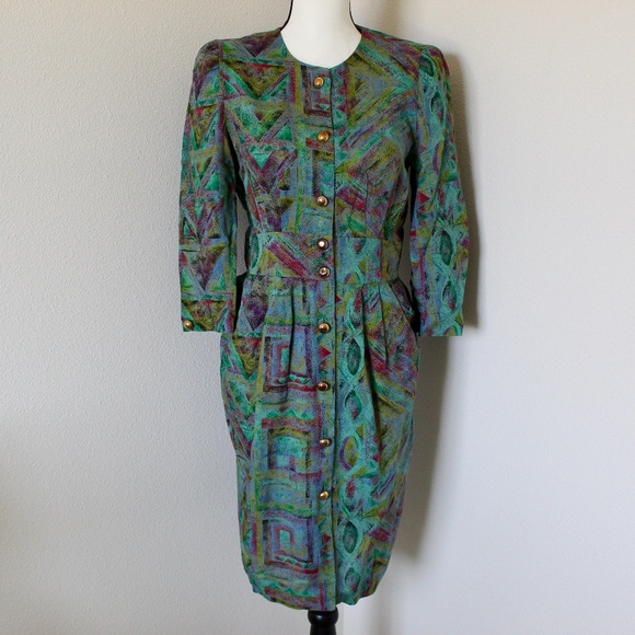 Vintage Green Abstract Grometric Print Button Front Dress - Picture 1 of 12